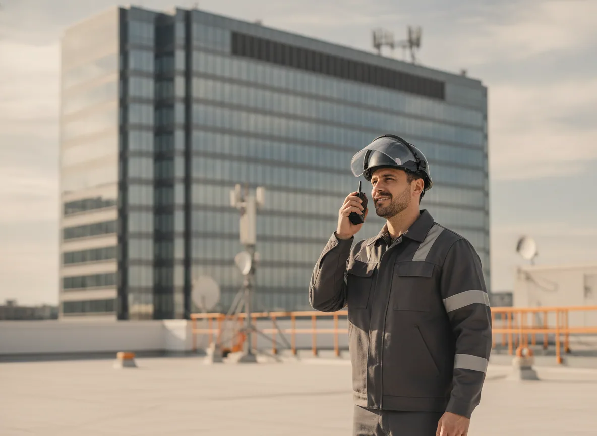 Two installers coordinating a job hand-off on a rooftop.